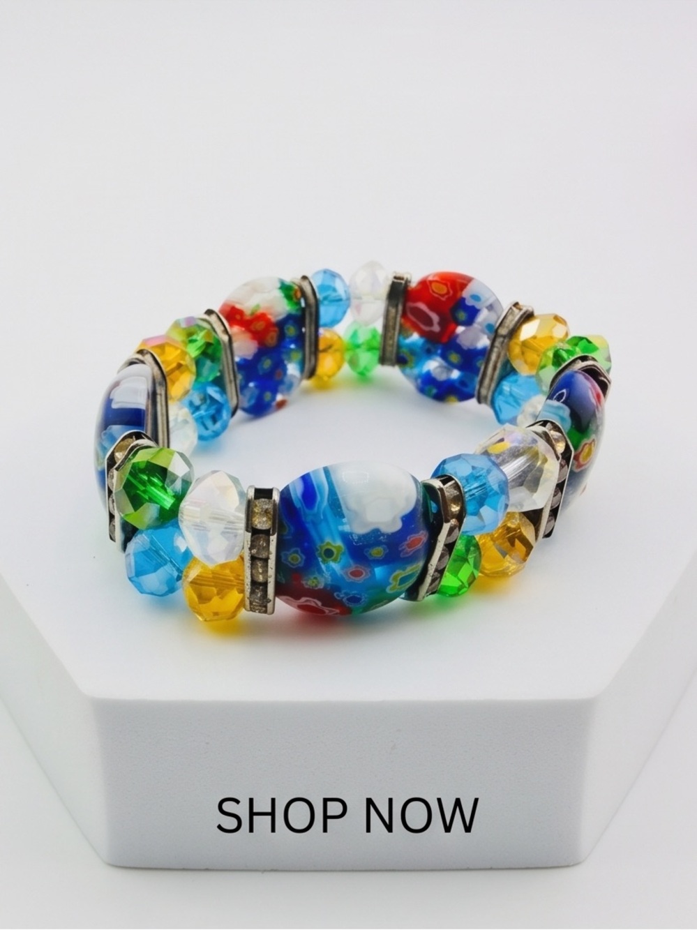 Murano Style Millefiori Glass and Crystal Bead Stretch Bracelet